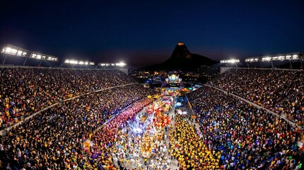 Carnival in Brazil. Spectacular carnival parade at night with vibrant floats and massive crowd in Rio's Sambadrome