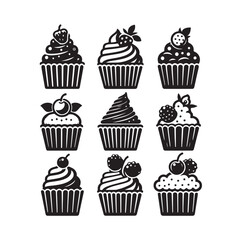 Set of black cupcakes silhouette vector illustration