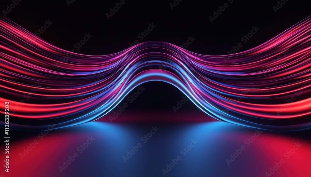 Poster a dynamic wave of colorful light streams in red and blue against a dark background, creating a sense