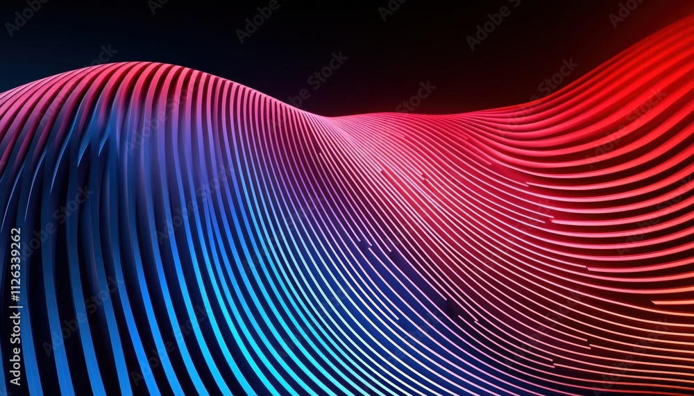 Poster a vibrant wave of colorful lines in red and blue creates a dynamic, abstract design against a dark b