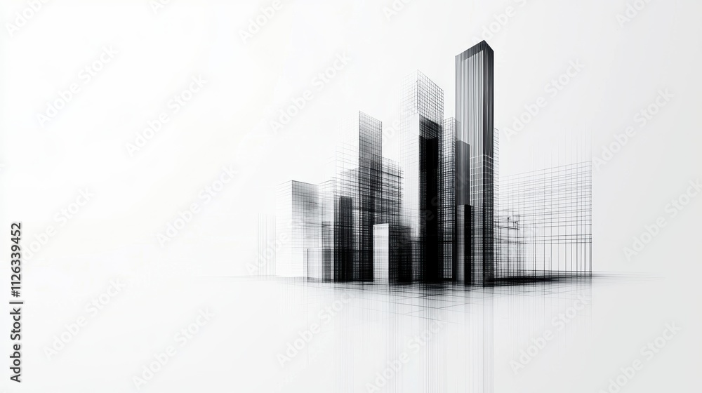 Poster a minimalist architectural illustration featuring abstract skyscrapers and structural lines in a mon