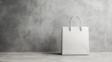 Mockup of a white paper shopping bag with a gray wall background. 