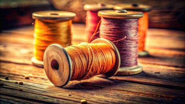 Vintage Spool Thread Background Photography, Retro Sewing Craft Image, Antique Textile, Yarn Reel, Fabric Texture
