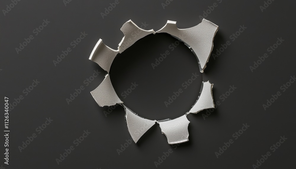 Poster a circular metallic object with jagged edges sits against a dark background, showcasing a textured s