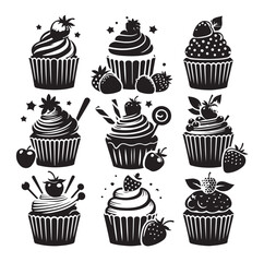 Set of black cupcakes silhouette vector illustration