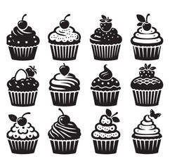 Set of black cupcakes silhouette vector illustration