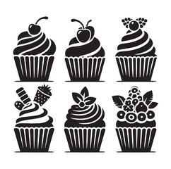 Set of black cupcakes silhouette vector illustration