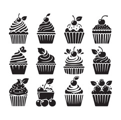 Set of black cupcakes silhouette vector illustration