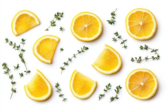 Fresh lemon slices arranged with thyme on a white background for culinary inspiration