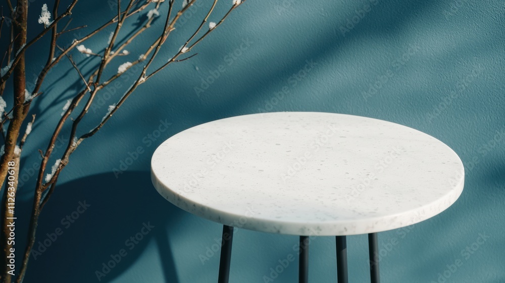 Poster Empty round table with snow covered branches in a winter garden setting