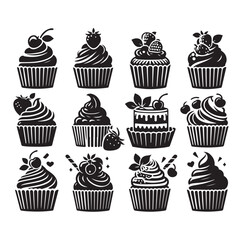 Set of black cupcakes silhouette vector illustration