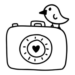 Cute instant digital analogue camera photograph with bird birdy photo image picture icon symbol black white photography doodle illustration