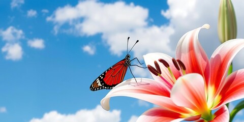 Red butterfly perched on a white lily flower, against a bright blue sky with fluffy clouds, flowers, bright colors