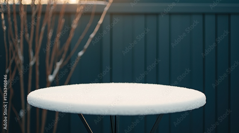 Poster snow covered table in a frosty winter garden creating a peaceful scene