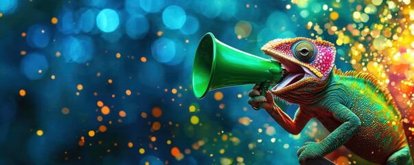 A colorful chameleon holds a green megaphone, surrounded by vibrant bokeh lights, creating a lively and playful atmosphere.