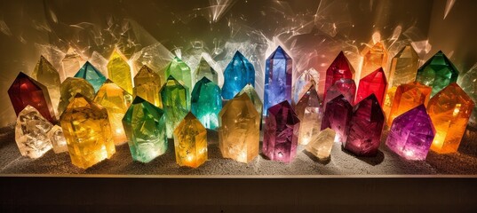 Enchanting cave of glowing crystals emitting soft, colorful light and shimmering radiance