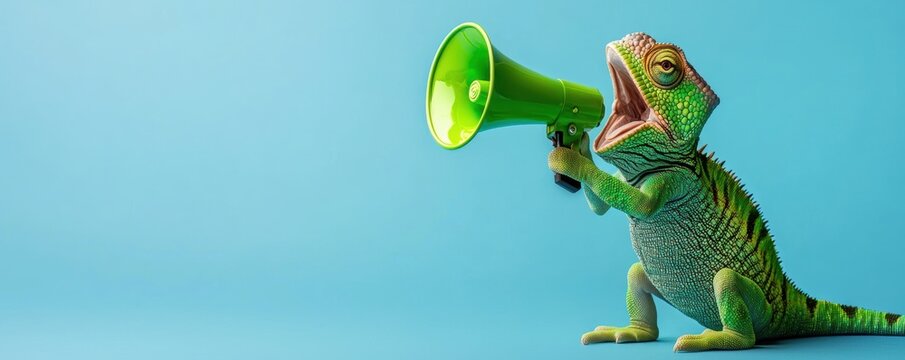 A colorful chameleon holds a green megaphone, seemingly shouting against a blue background, showcasing a playful and whimsical scene.