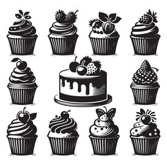 Set of black cupcakes silhouette vector illustration