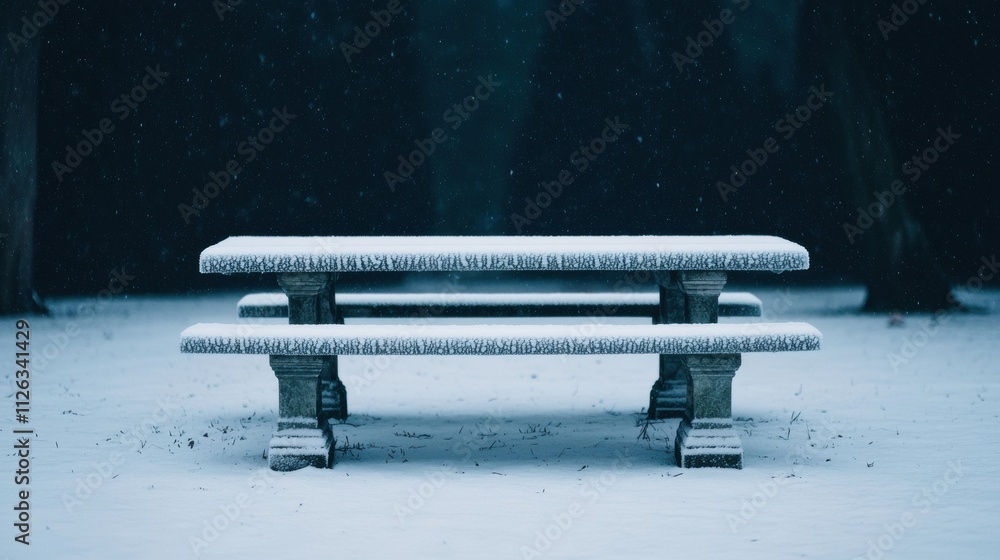 Poster snow covered table and bench in empty winter garden during dawn light