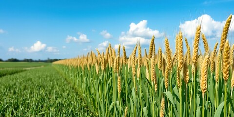 Row of organic cereal crops in a green field with a clear blue sky and some fluffy white clouds, barley, fields
