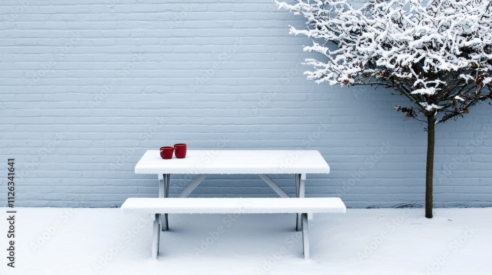 Poster Snow covered table and bench in a winter garden with two red mugs