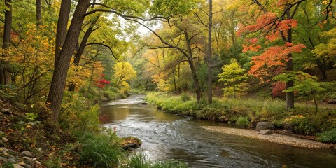 River meandering lazily through a shaded glade filled with tall trees and colorful foliage, natural beauty, calming waters, tall trees, colorful foliage