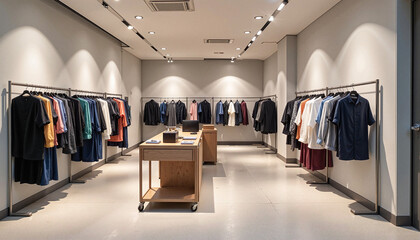 Fashion studio showcasing a minimalist clothing collection with stylish displays and a professional atmosphere for creative design