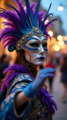 Caucasian female in ornate mask and feathered headdress at carnival