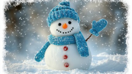 Obraz premium Charming snowman wearing a cozy hat and scarf greets winter with a friendly wave amidst falling snowflakes. Banner, greeting card, poster