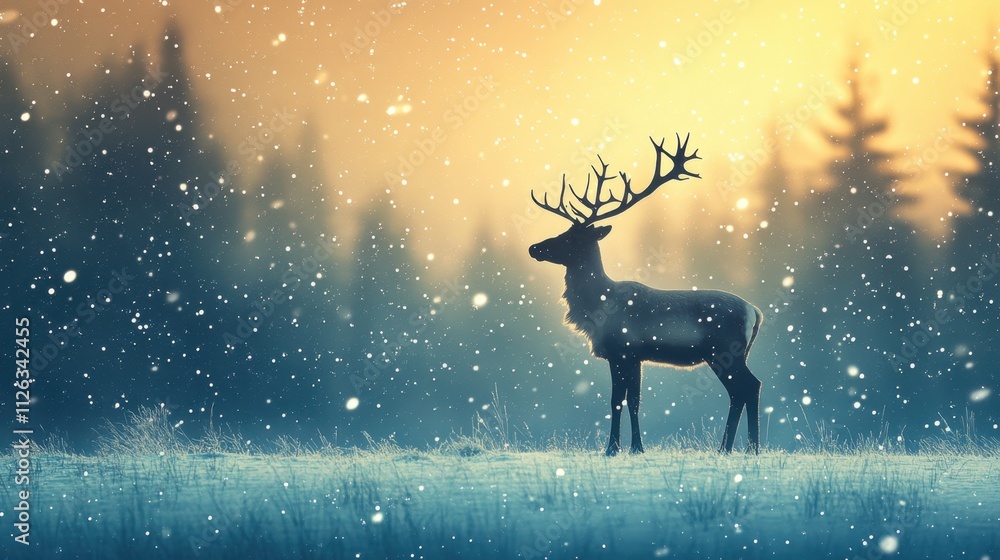 Poster majestic stag standing in a snow-covered forest at twilight with soft snowfall creating a serene atm
