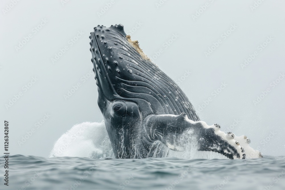 Poster humpback whale breaches the ocean surface in misty waters while showcasing its immense size and grac