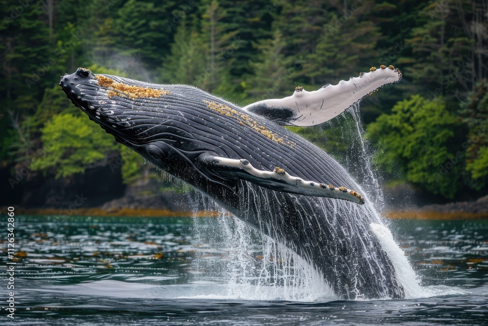 Poster humpback whale breaches the ocean surface in misty waters while showcasing its immense size and grac