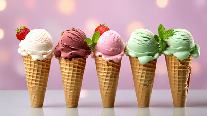 Mint, vanilla and strawberry ice cream in cones, 8k resolution