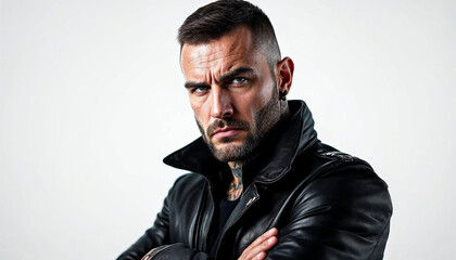 Obraz premium A portrait of a tough Russian Mafia member, with tattoos and a commanding presence.