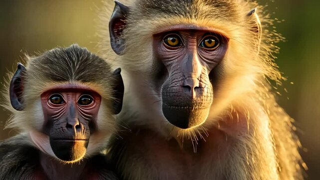 Two yellow baboons are staring intensely with their deep, captivating eyes, bathed in the warm glow of sunlight, creating a powerful and emotive portrait of these intelligent primates