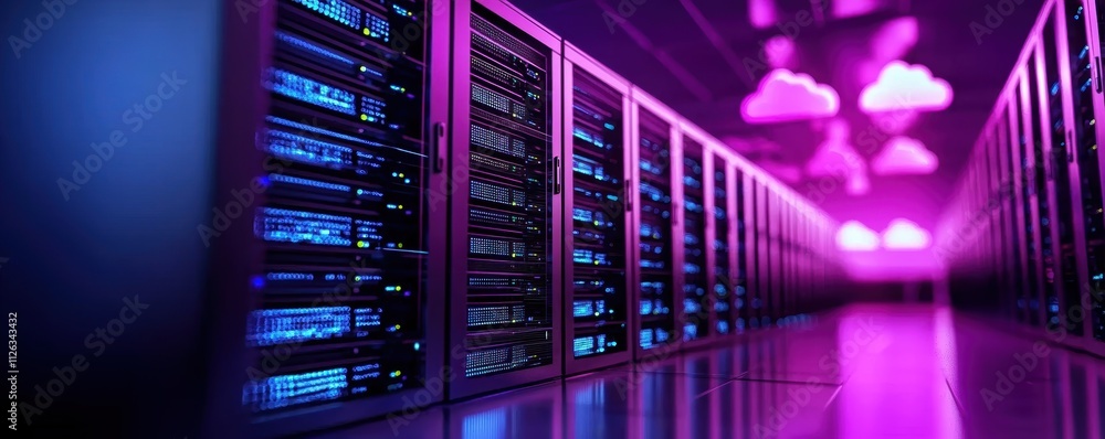 Aufkleber a vibrant data center featuring rows of servers illuminated with purple and blue lighting, suggestin