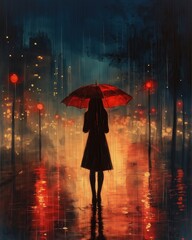 Watercolor, woman with umbrella in the rain, in an urban nightscape.