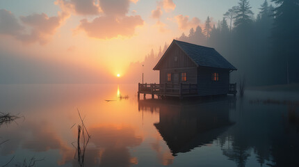 Fototapeta premium fisherman's hut on a lake with fog