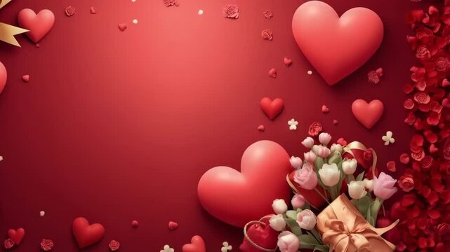 A red background with a bunch of hearts and flowers. The flowers are arranged in a way that they are scattered all over the background, creating a sense of abundance and love