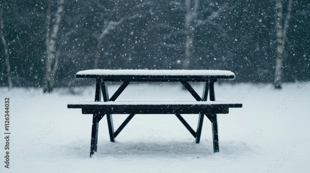 Poster snow falling on empty picnic table in winter wonderland