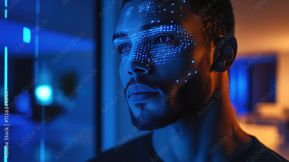 Poster a man illuminated by futuristic blue data streams