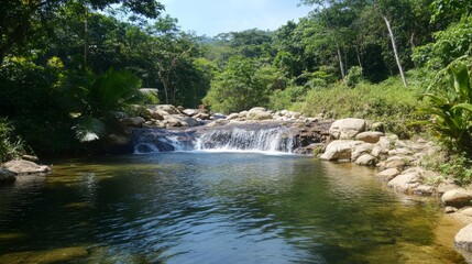 Fototapeta premium Tranquil Tropical Waterfall in Lush Green Forest Surrounded by Stones and Clear Water Beneath Bright Blue Sky and Warm Sunlight in Nature's Paradise