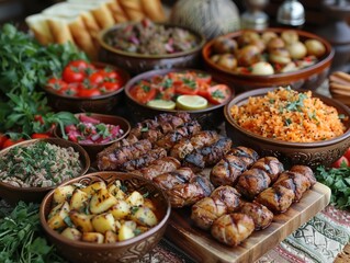 Obraz premium Kazakh Cuisine Feast Beshbarmak Plov Shashlik More