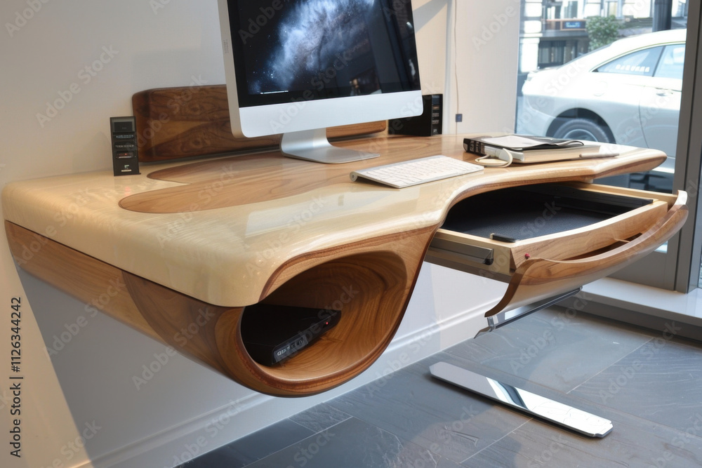 Poster unique wall-mounted desk design featuring elegant curves and multiple storage options in a modern wo