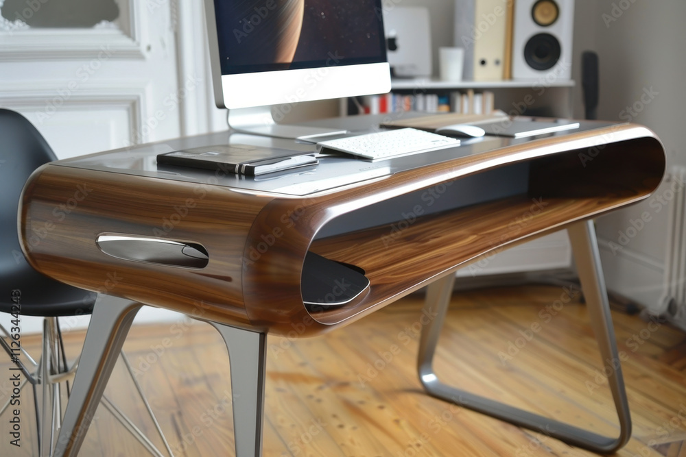 Poster Unique wall-mounted desk design featuring elegant curves and multiple storage options in a modern workspace