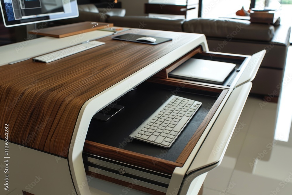 Poster Unique wall-mounted desk design featuring elegant curves and multiple storage options in a modern workspace