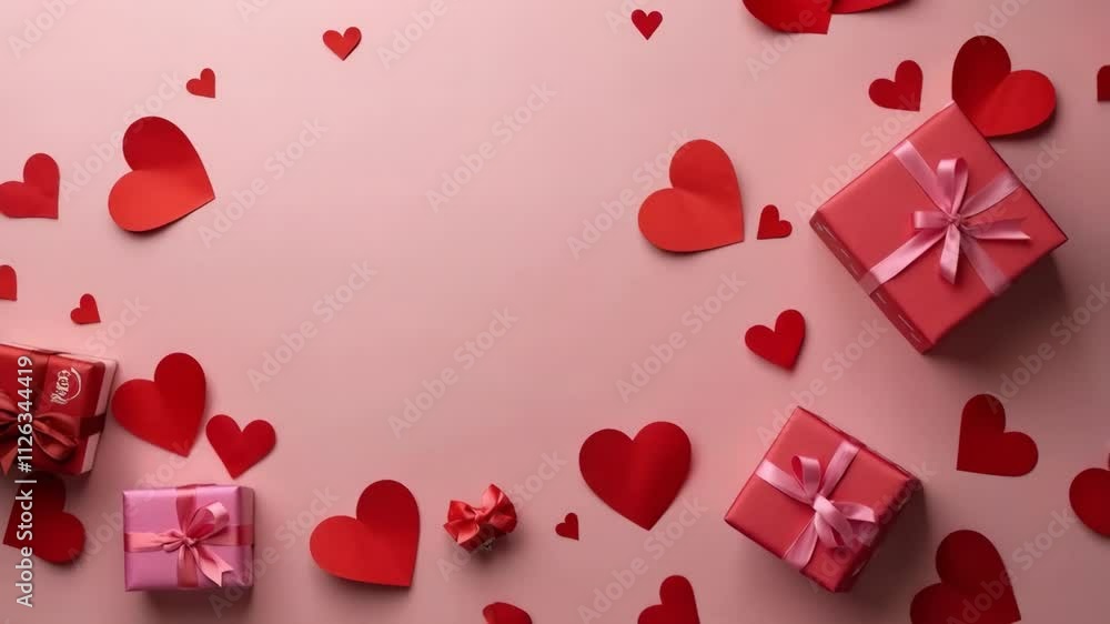 Poster a pink background with a large red box in the center, surrounded by many smaller red hearts. the box