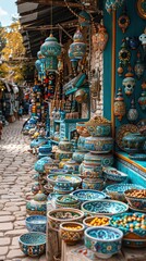 Obraz premium Colorful Kazakhstani Market Handicrafts Souvenirs Pottery