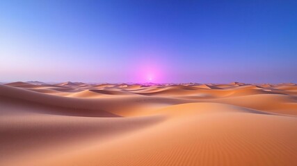Naklejka premium Softly glowing purple light emanates from the horizon above an endless expanse of golden sand dunes, serene vistas, golden sand dunes