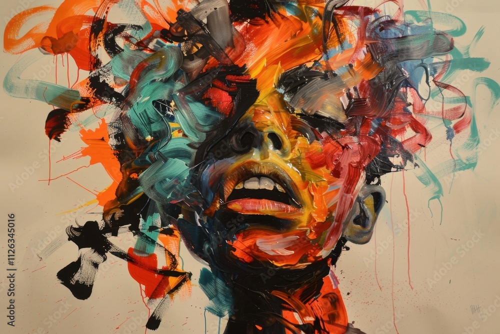 Poster Vibrant expression of emotion through abstract portrait art featuring colorful brush strokes and texture
